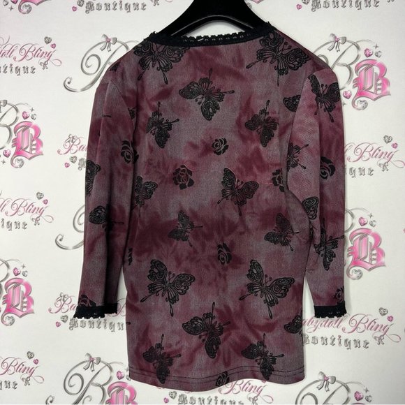 Butterfly roses shirt stretchy y2k lace trim black and red goth punk fairy y2k - Picture 6 of 7